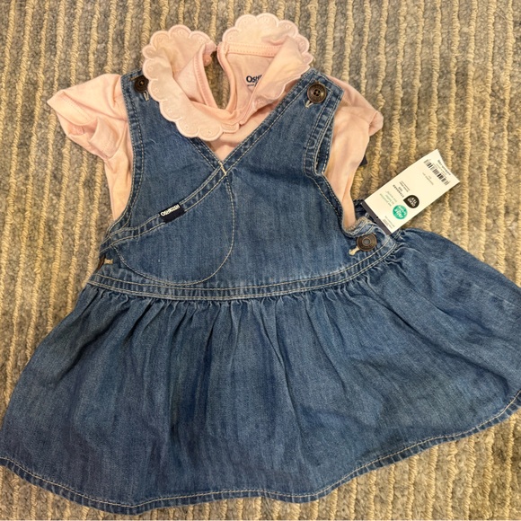 OshKosh B'gosh Blue Denim Pinafore with Pale Pink & Green Floral Bodysuit
